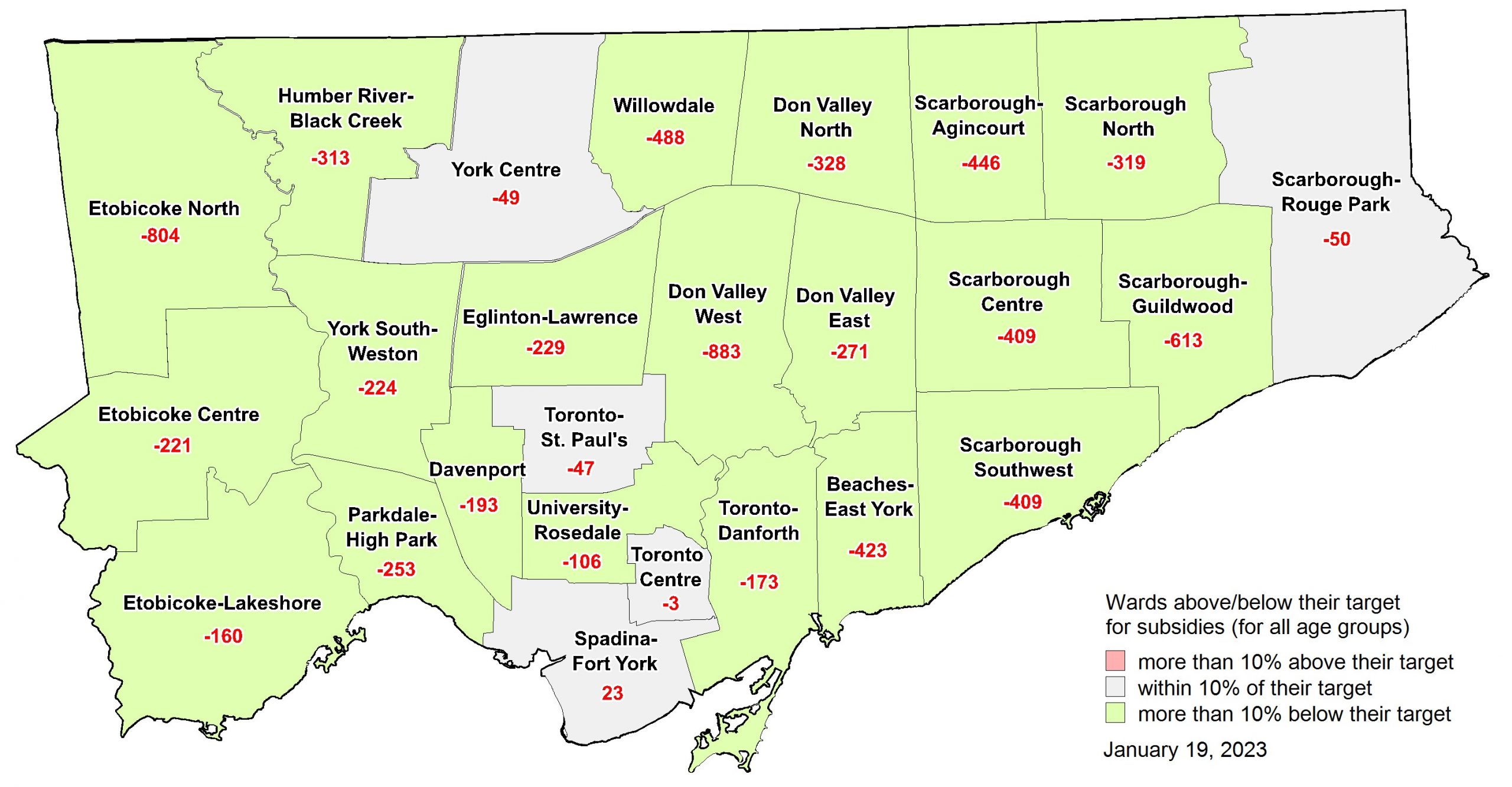 Map showing which wards are above, below or at their target number of subsidized children. The data for this map can be found under the header - The Data Behind the Maps.