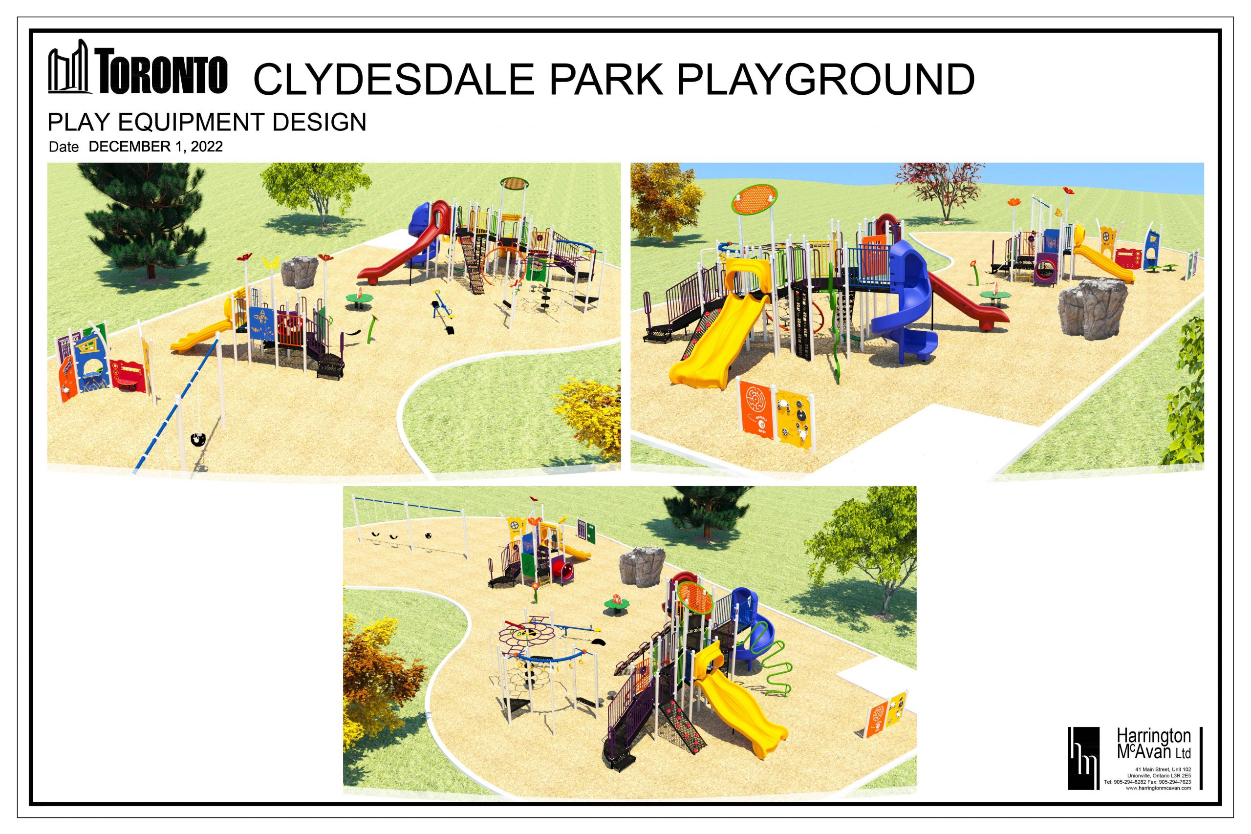Three images from different angles of the proposed play equipment. It shows play structures in primary colours including senior and junior play structures, standalone play features and a swing set.