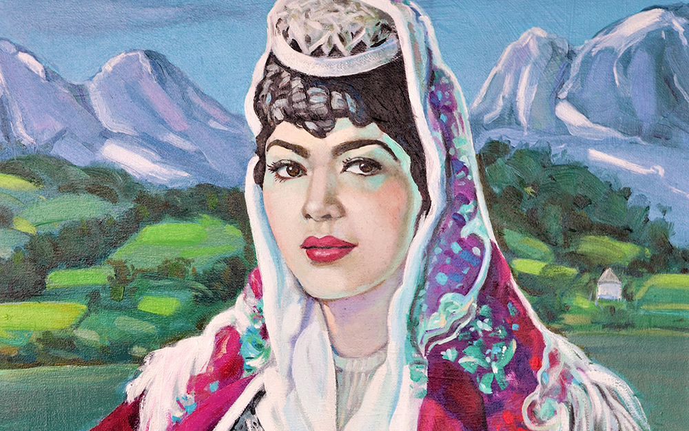 Oil painting of a woman wearing a red headpeice with mountains and nature in the background