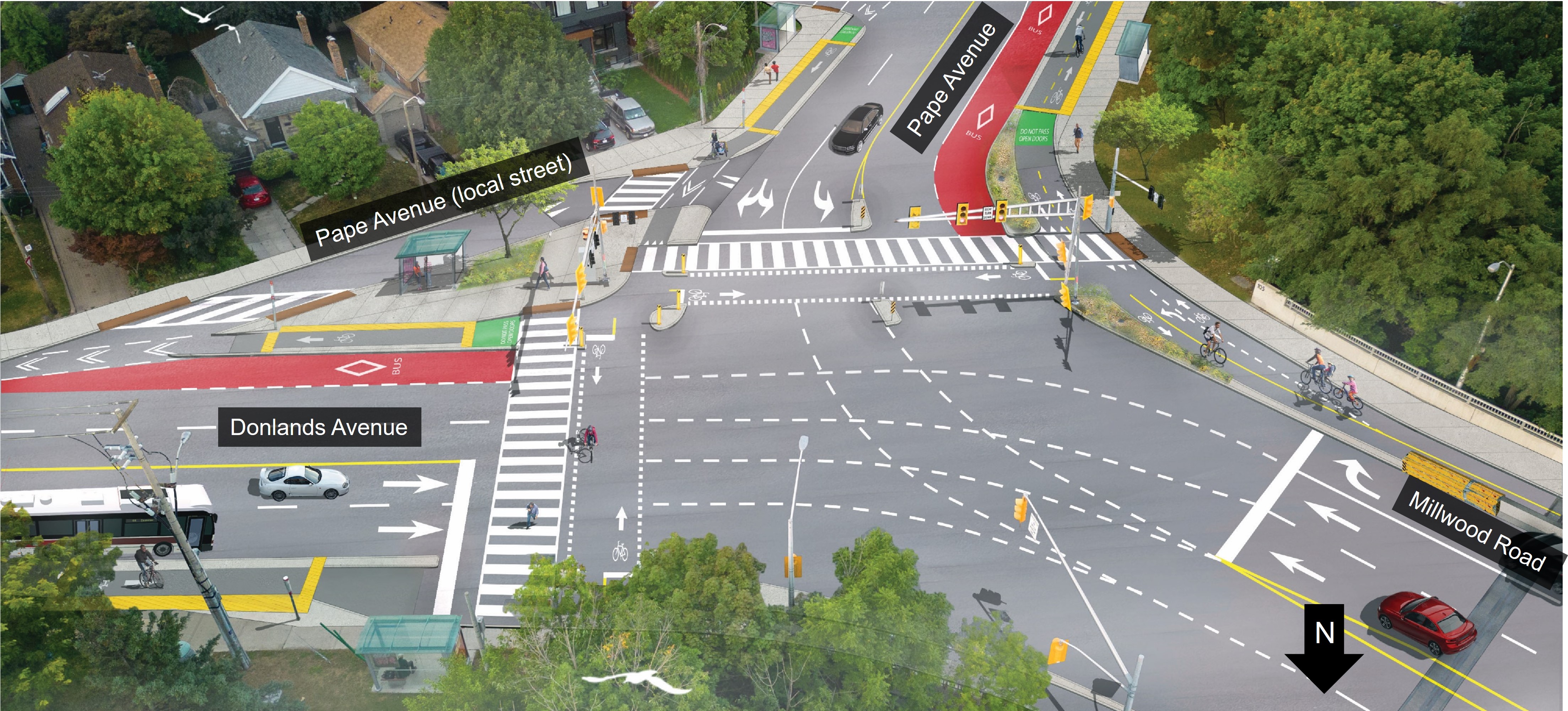 Proposed changes at Millwood Road at Pape Avenue & Donlands Avenue, including bikeways and improved amenities for bus riders and pedestrians.