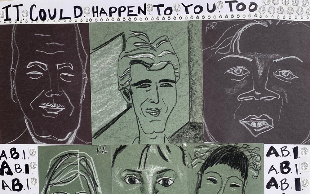 Collage of hand drawn faces in pastel with words (it could happen to you too)