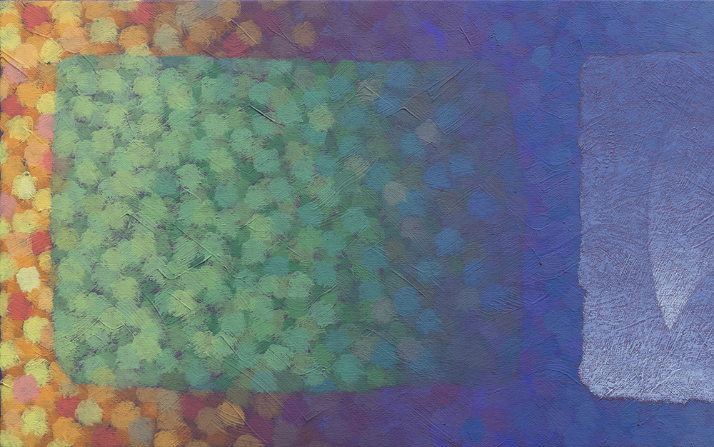 Oil painting with blue, green and yellow textured shapes