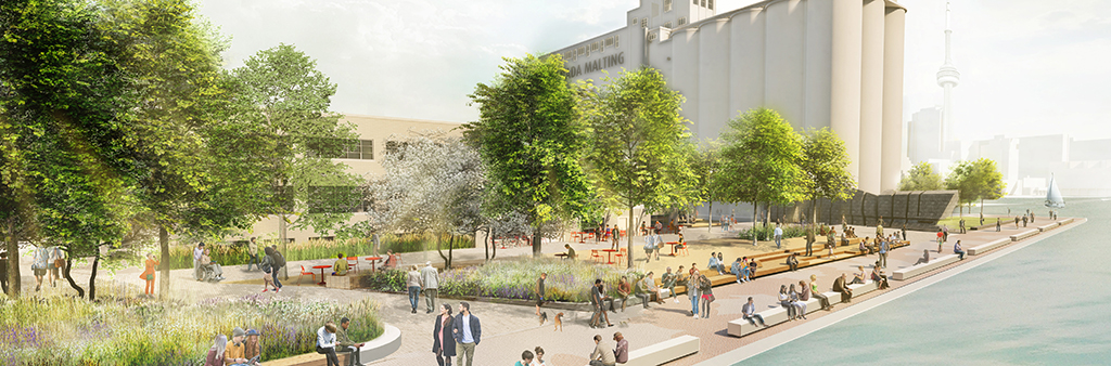 Artist's rendering of a lively park space located along the shoreline of Toronto's harbour. Crowds of people are sitting on benches and at moveable tables and chairs, or strolling along the newly completed promenade. Visible in the distance are the restored Canada Malting silos and the iconic Toronto skyline.