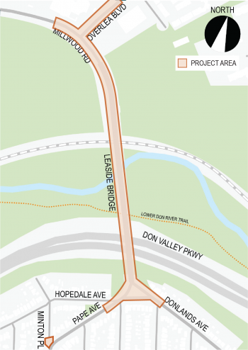 Map of Millwood Road Safety Improvements project area, highlighting Overlea Boulevard (Pape Avenue & Donlands Avenue), Minton Place and Pape Avenue.