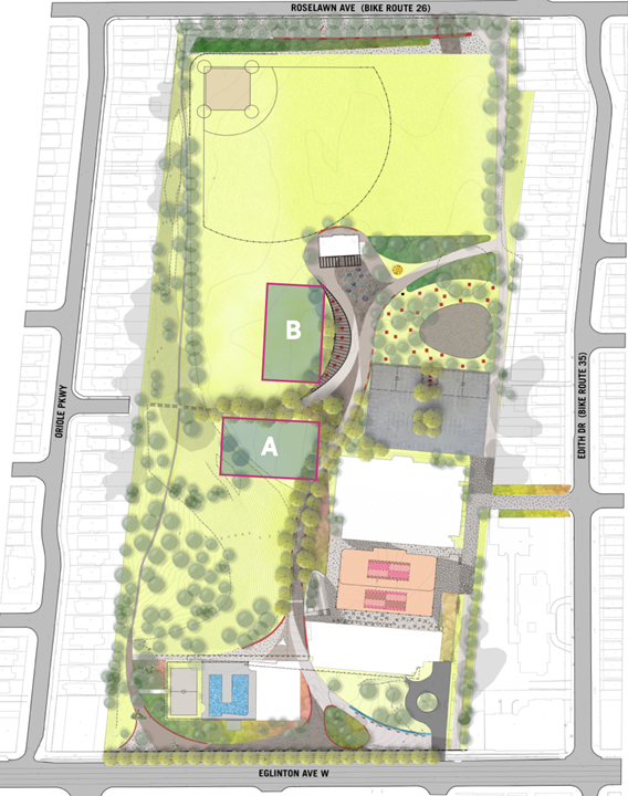 Image illustrates the two proposed locations for the dog off-leash area (OLA). From the bottom left to top right. Location A – in the centre of the park at the bottom of the existing hill, west of the Arena Location B - in the centre of the park and west of the parking lot.