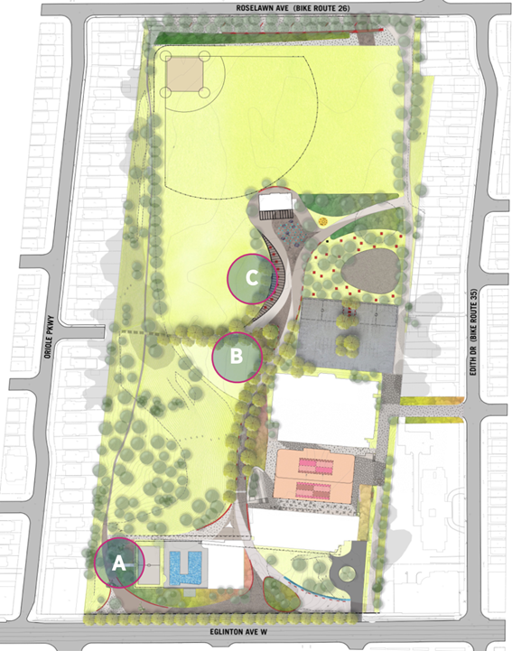 Image illustrates the three proposed locations for the skate spot. From the bottom left to top right. Location A – at the southwest corner of the park Location B – in the centre of the park at the bottom of the existing hill, west of the Arena Location C - in the centre of the park and west of the parking lot.