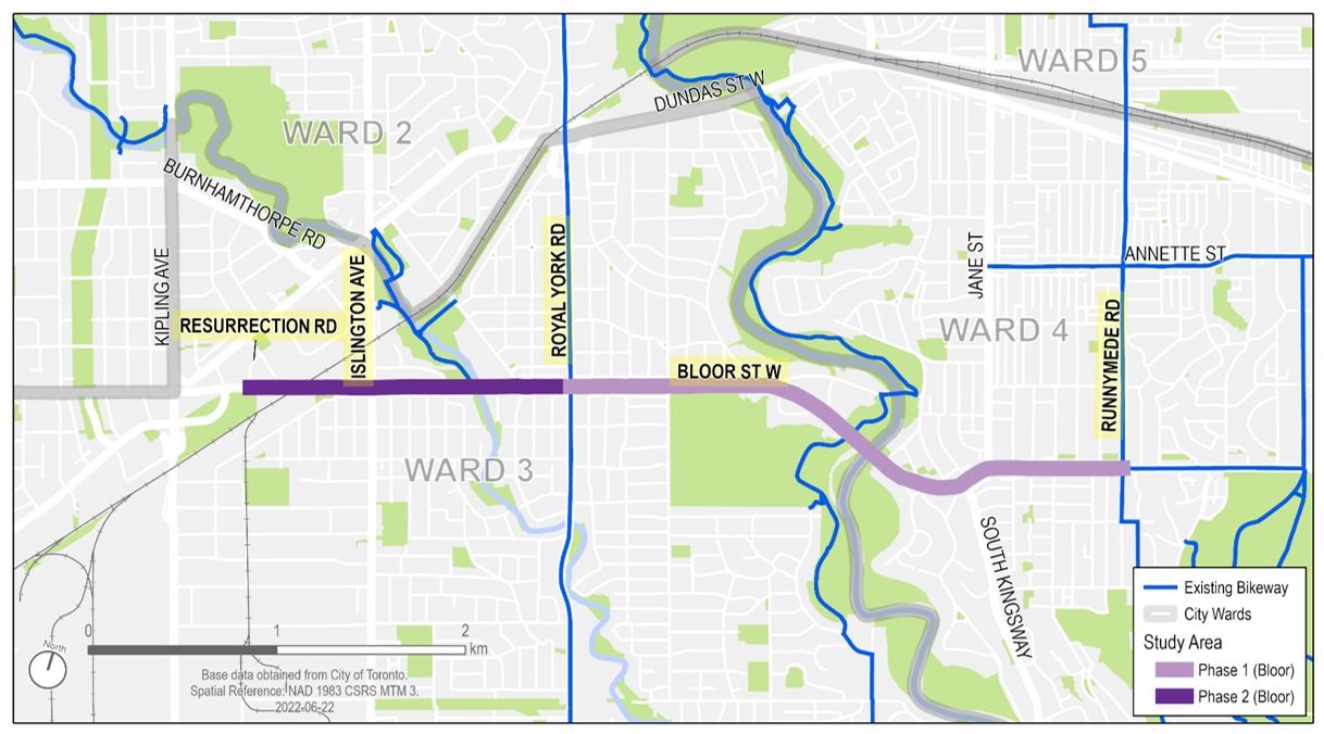 Map showing the extension of the bikeways along Bloor W, with each phase represented by different colours