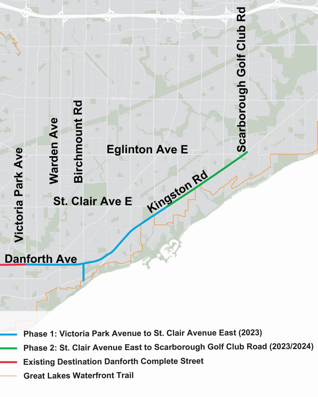 Map of the project area highlighting Danforth Avenue (Victoria Park Avenue to Kingston Road) and Kingston Road (Danforth Avenue to Scarborough Golf Club Road).