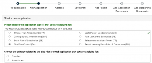 Screenshot of the application types that can be submitted on the Application Submission Tool, showing the Site Plan application type selected as a standalone application.