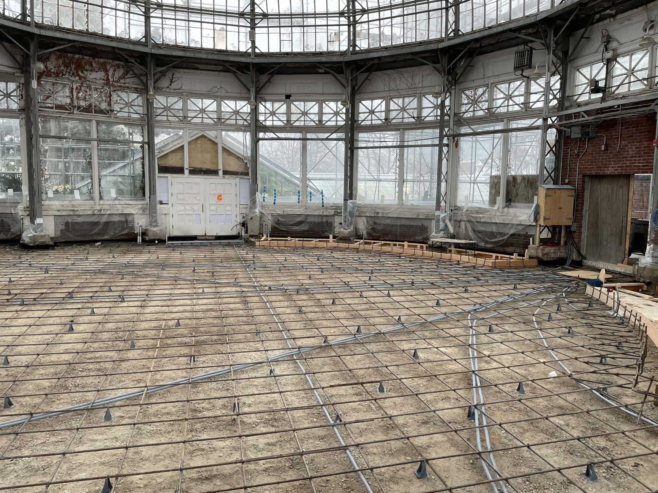 A photograph of the interior of the Palm House building taken from ground-level that shows a steel bar grid along the floor in preparation for concrete pouring. 