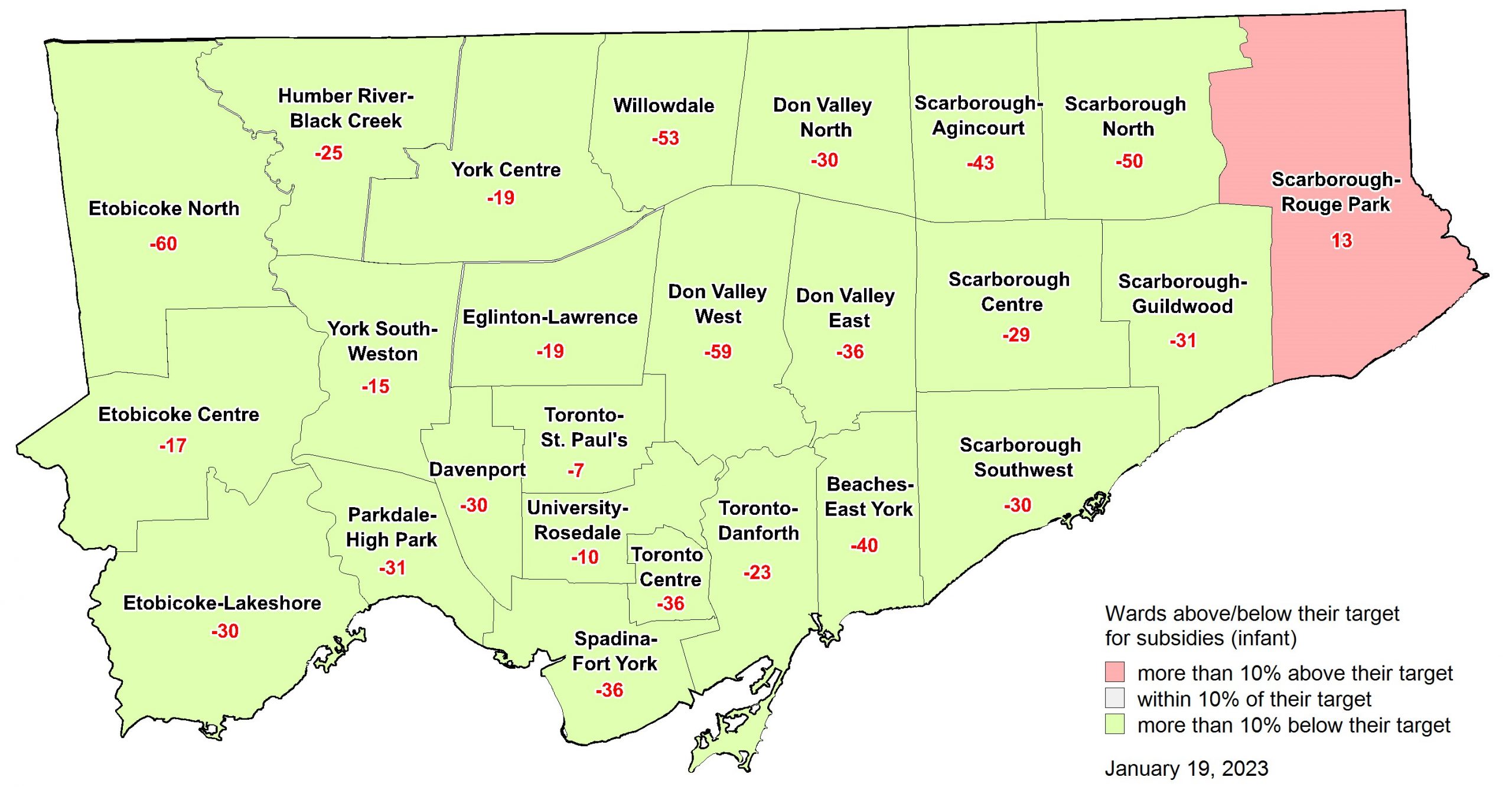 Map showing which wards are above, below or at their target number of subsidized infant children. The data for this map can be found under the header - The Data Behind the Maps.