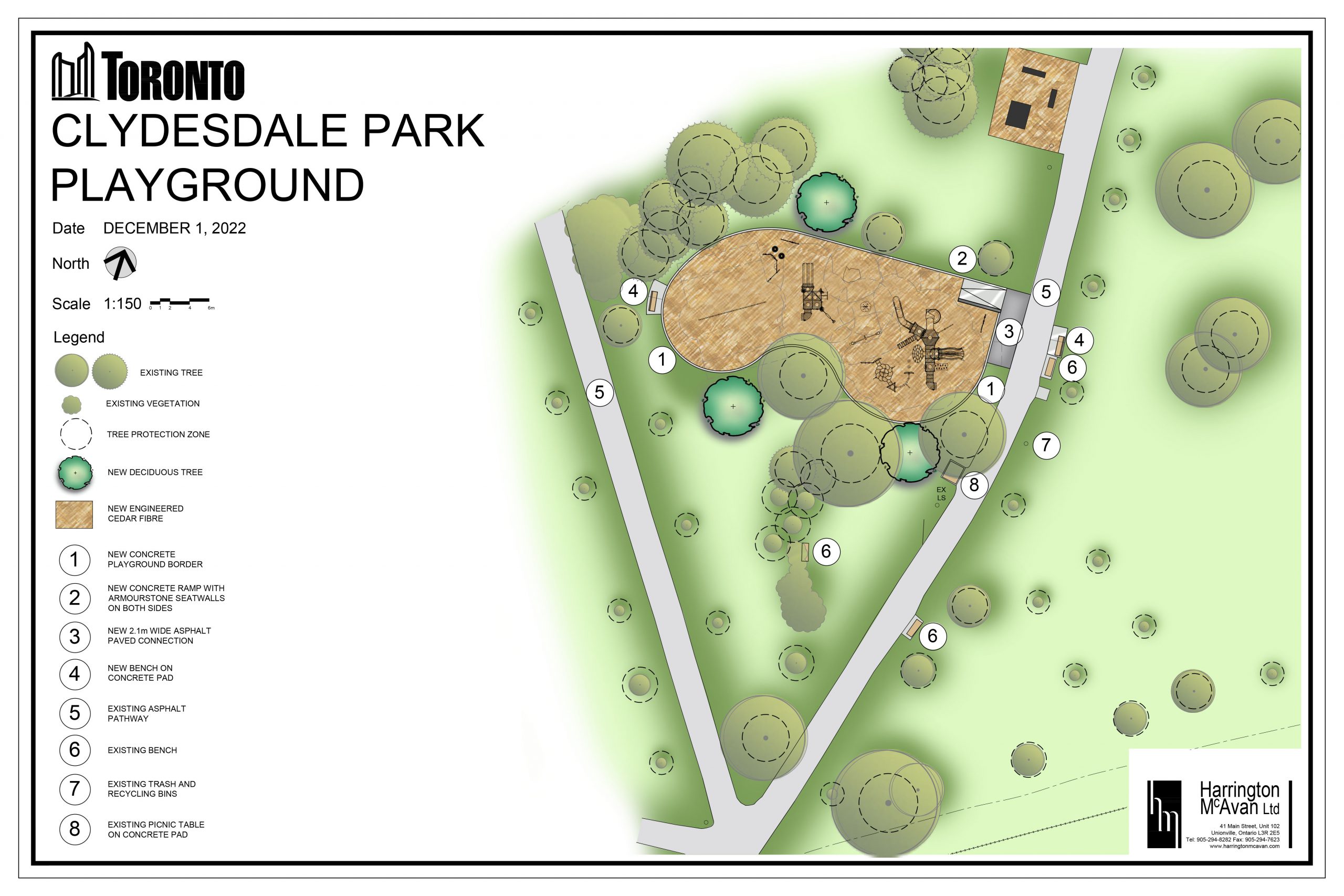 The new rendered plan of the playground. It includes an overhead plan showing the layout of the playground and adjacent pathway, trees, and landscape. 