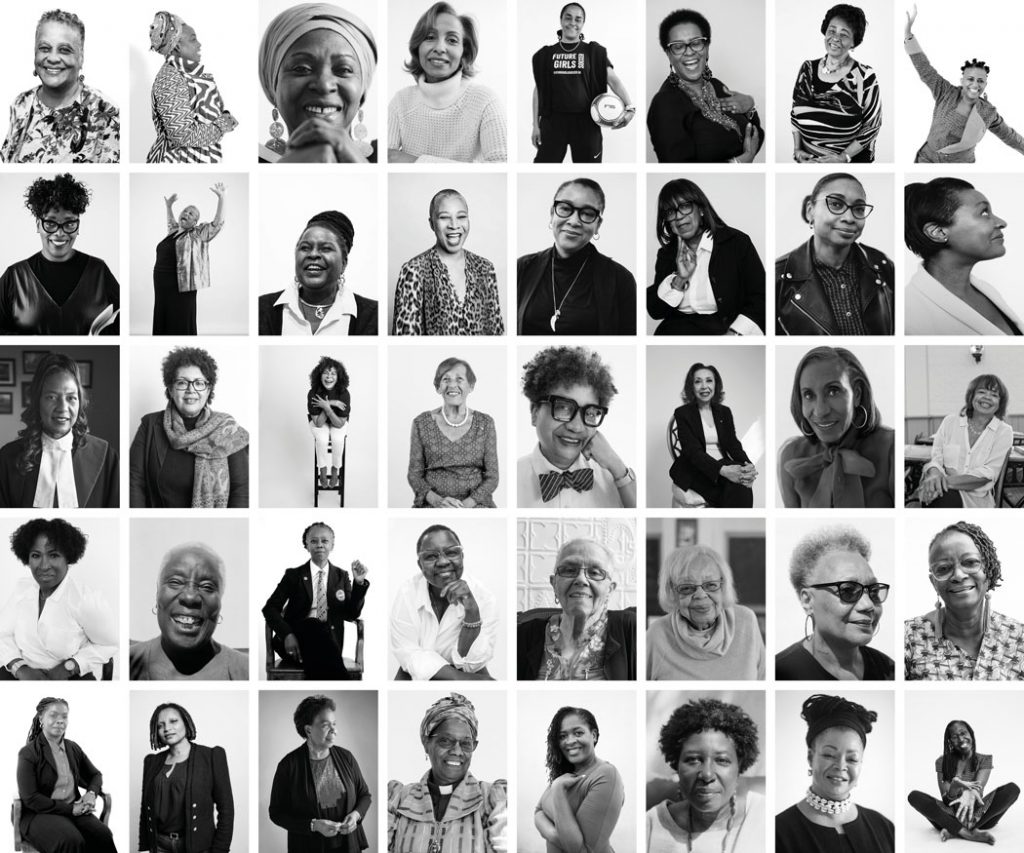 Montage of 40 women in exhibit in black and white photos.