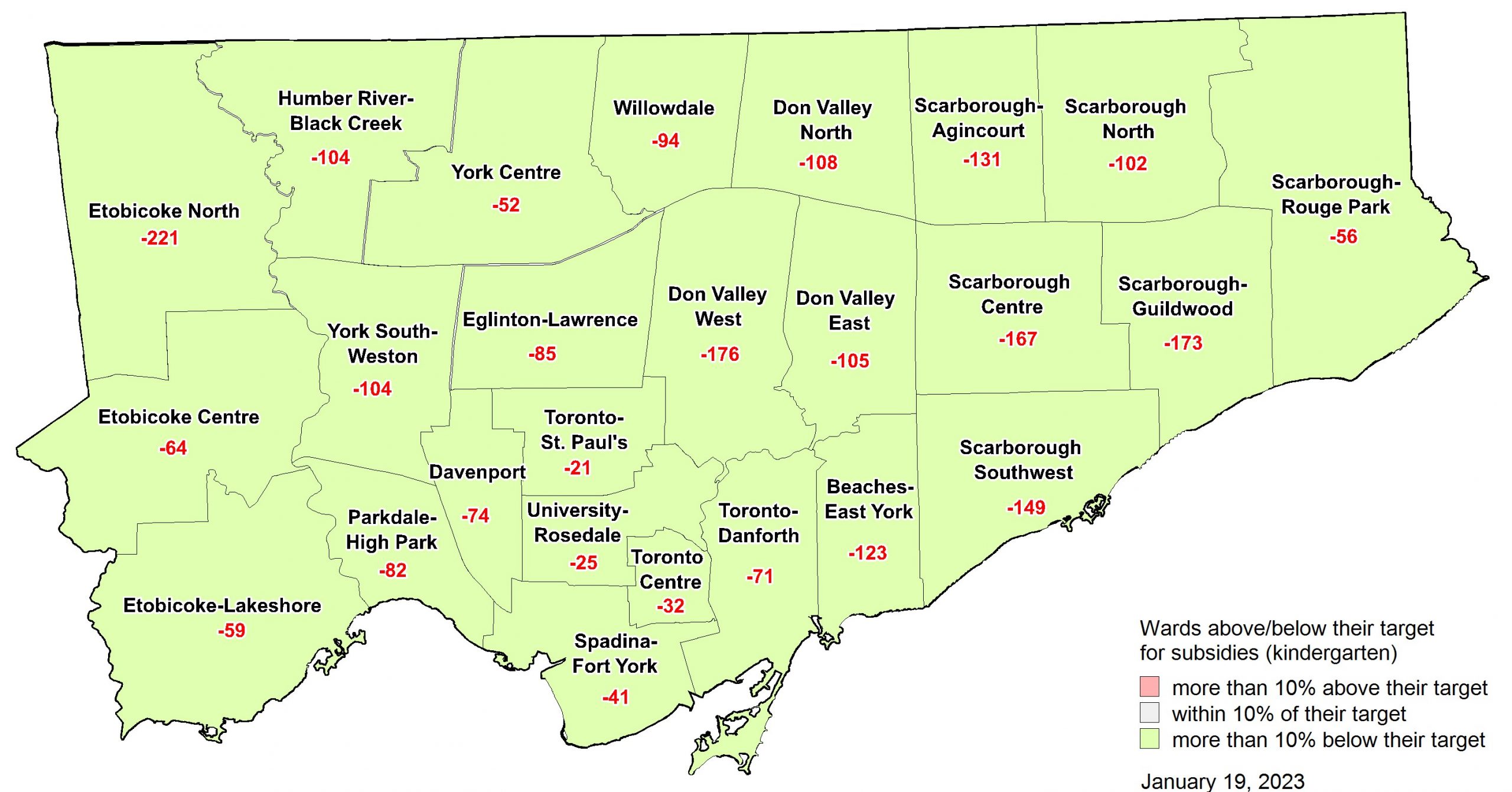 Map showing which wards are above, below or at their target number of subsidized kindergarten children. The data for this map can be found under the header - The Data Behind the Maps.