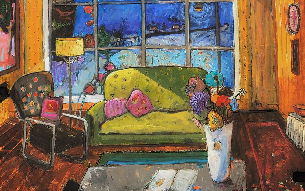 Oil painting of a room with a couch, chair a window and table with bouquet of flowers