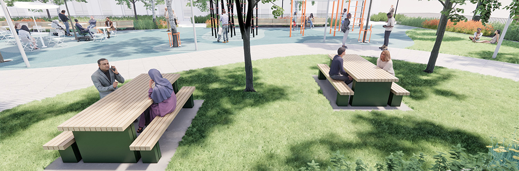 A rendering of the preferred park design, looking east across the park Faywood Ave. In the foreground are two extra-large harvest tables that seat eight people each. Behind this is a pathway moving from the north (left) towards the south (right) end of the park. On the opposite side of the park, in the background from left to right is a café table and chair seating area with metal shade umbrellas, a "bamboo" climber fitness activity and a climbing fitness station. On the far right is a grassy lawn and small hill with people sitting in the grass together. Throughout the park there are many trees providing shade. The ground cover under the café and fitness equipment is blue rubber.