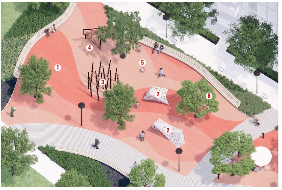An Aerial Map with labels of the Play and Fitness Area Option B, located at the North end of the park. Long benches line the north and east sides of the space with a path along the south and west sides. The splash pad is on the north end with the fitness and play features in the south end. The entire space has colourful rubber surfacing. There are four large trees throughout the space to provide shade.