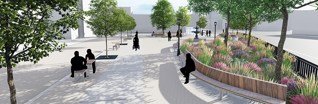 A 3D rendering of Anniversary Park with trees, benches, and people walking around. The park is in a modern style with curved wooden benches. There are two trees on the left side of the image and one on the right side. The trees have green leaves and are casting shadows on the ground and seating areas. There are several people walking around the park, some are sitting on the benches.