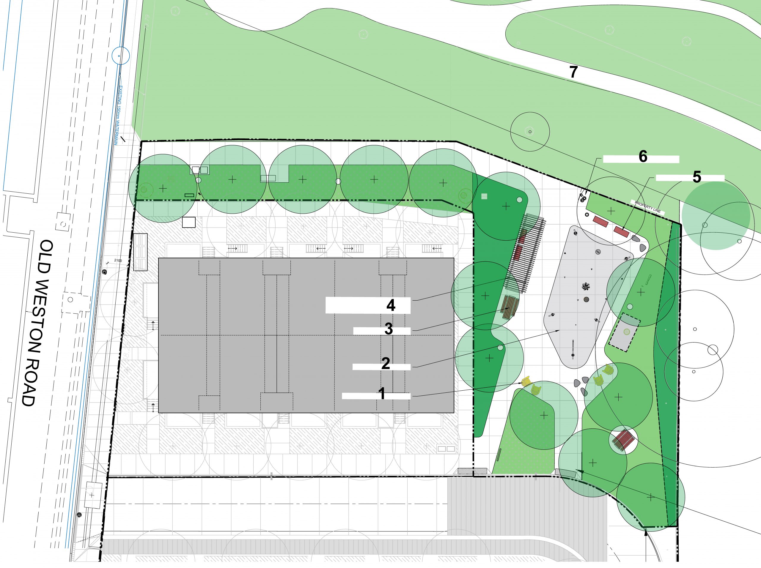 The design plan for the S.A.D.R.A. park expansion project with numbered labels showing the location of the park features and amenities. From bottom left to top rights, it includes a seating area near the splash pad, a picnic table, a shade structure with benches, a seating area and water fountain near existing green space at the north side of the park and the existing park trail. 