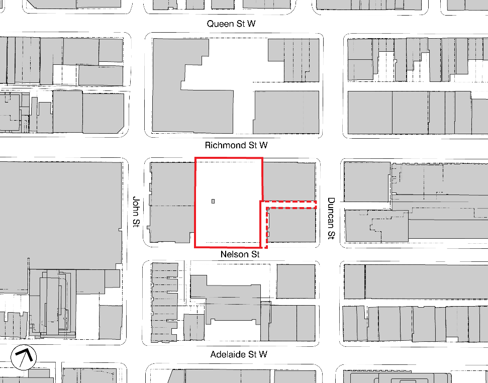 An aerial map showing the location of the new park at 229 Richmond Street West, circled in red. The park shape is rectangular in size and boarders Richmond Street West, with a connection to Duncan Street to the east and Nelson Street to the south. 