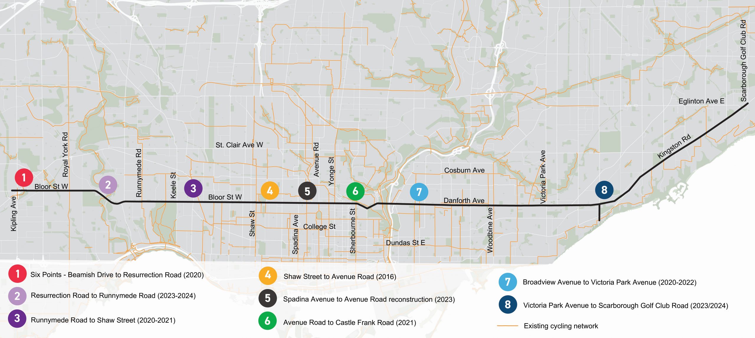 Map showing the existing and proposed phases of bikeways on Bloor Street, Danforth Avenue and Kingston Road, represented by a black line, with colour coordinated icons representing each phase.