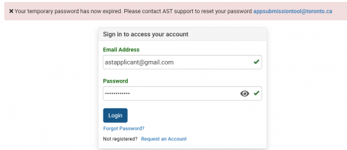 Screenshot showing the error message when the temporary password has expired.