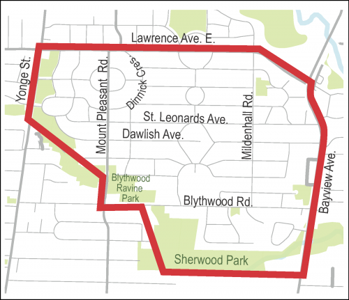 Map indicating the project area with Lawrence Avenue East on the north, Bayview Avenue on the East, the Sherwood Park and Lawrence Park Ravine network to the south including Blythwood Avenue, and Yonge Street on the West.