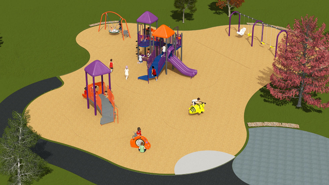 A rendering of playground Design A for Eden Valley Park Playground improvements, looking to the east from the west. From the lower-left to the upper-right, a group swing, a swing set, senior play equipment, standalone rocking toys and junior play equipment. 
