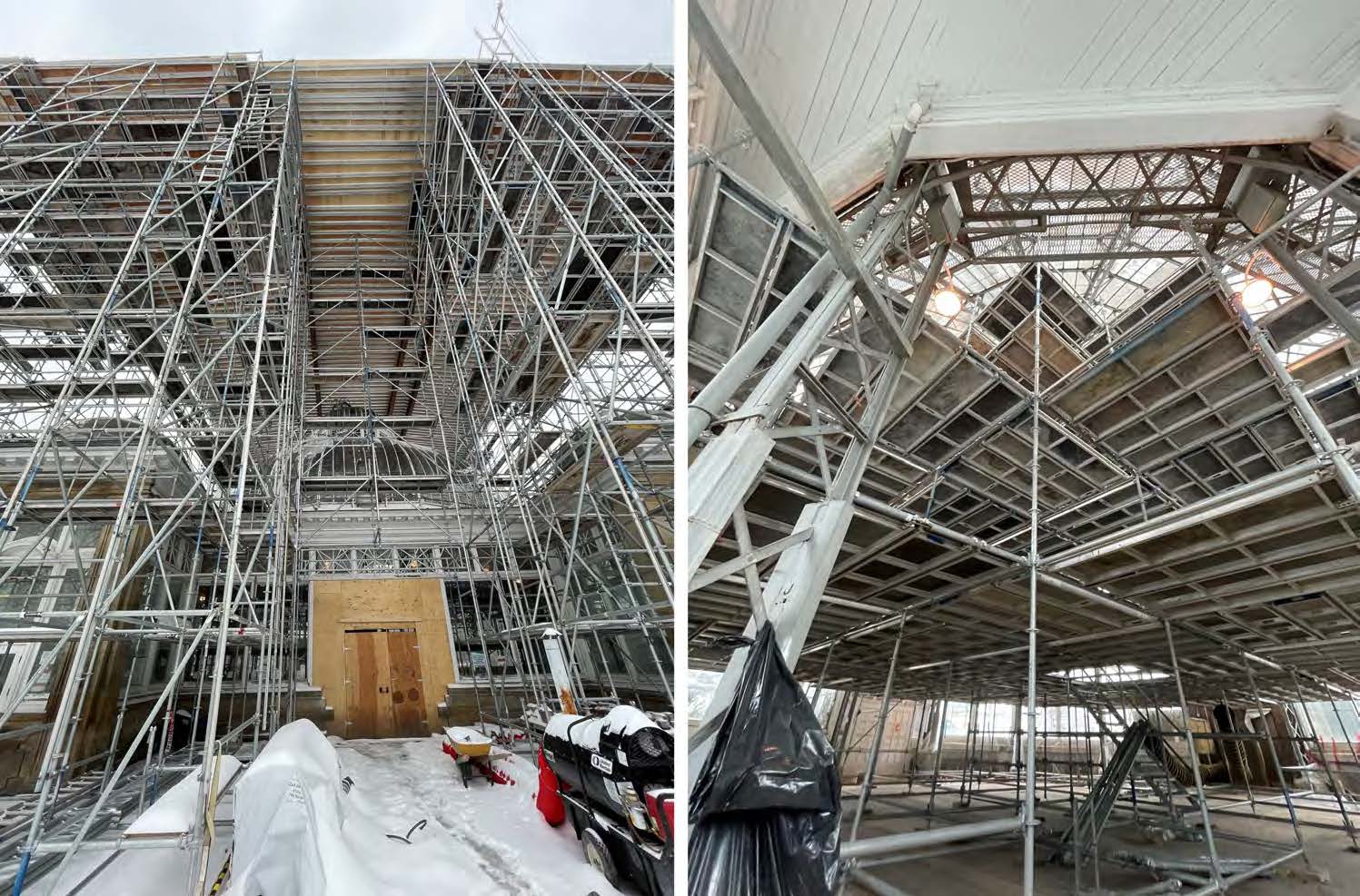 A photograph with two images side by side showing the interior and exterior work happening at the Palm House building. On the left, shows the exterior entrance of the building taken at ground level which has a door boarded up with wood surrounded by tall steel scaffolding from the ground to the top of the building. On the right, shows the interior of the building taken looking up towards the domed roof, which shows with steel scaffolding and various platforms. 