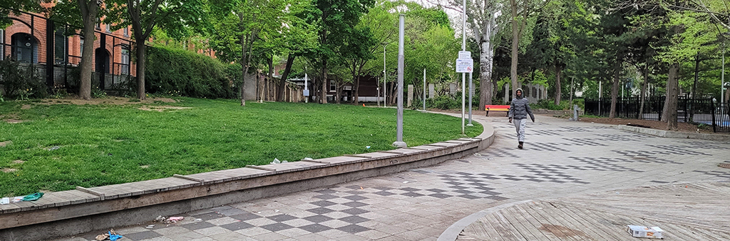 A photograph of Barbara Hall Park looking east from the stage located along Church Street which shows a central wide path with a low seatwall and lighting along the side. Large trees and grass are along the perimeter of the park.
