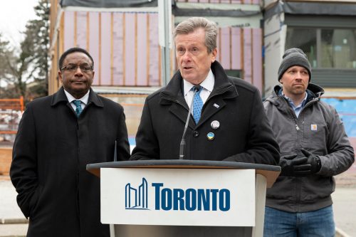A photo of Mayor Tory, Councillor Bradford, and Councillor Thompson at the craning event for 39 Dundalk Dr. on January 20, 2022.