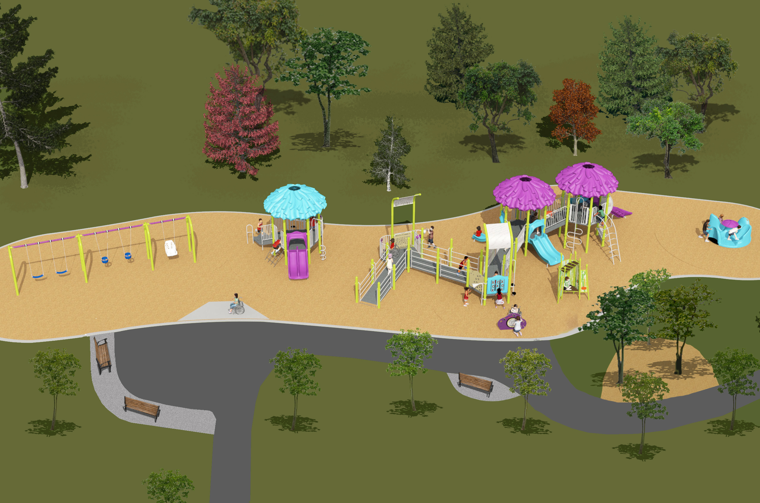 The final design for the new Leslie Park Playground, which has been refined based on community feedback. It will be Chartreuse, Lavender, Sky Blue & Silver, and include the play features listed further in this section.