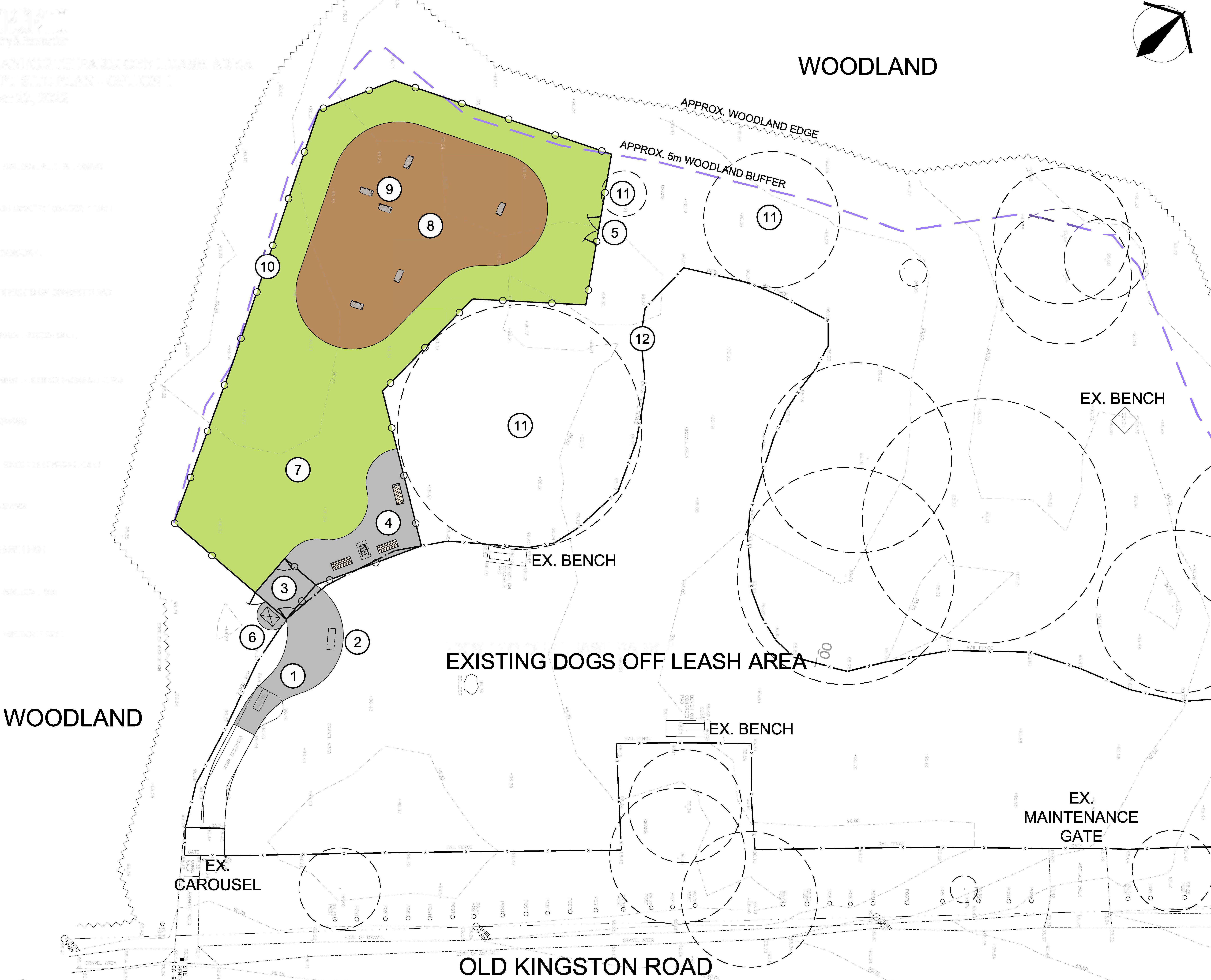An aerial map showing Colonel Danforth Park and the location of the existing off-leash area and the expansion area in green and brown. The off-leash area will be expanded to the north-west side of the existing off-leash area and include various new features, which are labeled by numbers. From bottom left to top right, they include a path extension from Old Kingston Road with a bench at the entrance, a double-gated entrance to the off-leash area with garbage bins, an accessible bench on concrete pad along the east perimeter, grass surfacing throughout with wood chip surfacing near the centre, large rocks on top of the wood ships, and new fencing around the perimeter of the expanded off-leash area.