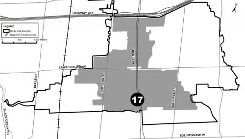 Map of the BF Study Area 17 - 18 - roughly Dufferin to Bathurst St from Hwy 401 to Roselawn Ave