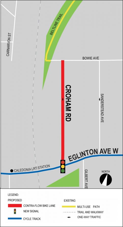 Map showing Crowham Road contra-flow bike lane between Eglinton Avenue West and Bowie Avenue.