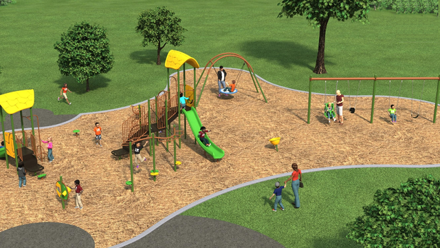 A rendering of playground Design C for the Eden Valley Park Playground improvements, looking to the north from the south. From the lower-left to the upper-right, it includes junior play structure, senior play equipment, a group swing, and a swing set. 