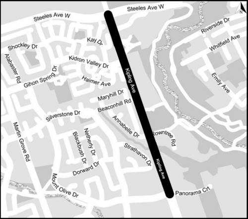 Map showing the project area of the multi-use trail on Kipling Avenue from Steeles Avenue West to Mount Olive Drive