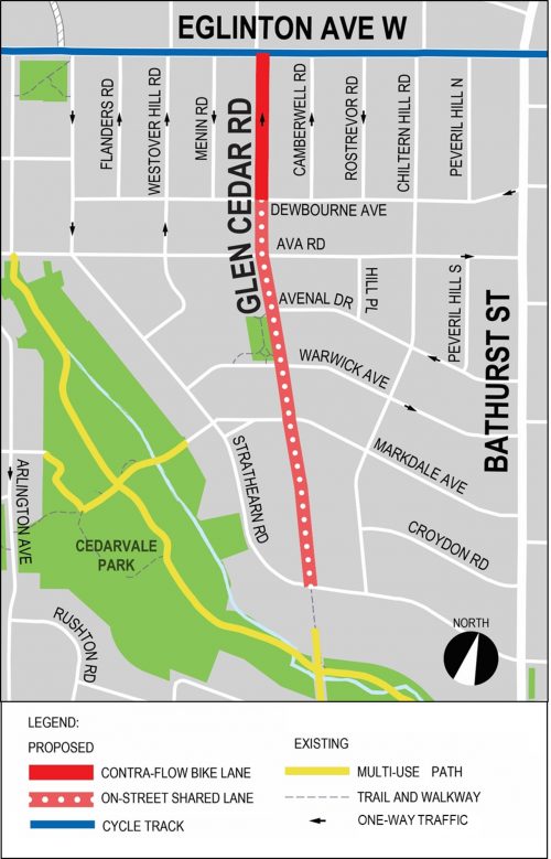 Map showing Glen Cedar Road between Eglinton Avenue and Strathearn Road includes contra-flow bike lanes on the one-way section of Glen Cedar Road and installation of shared bike lanes for the two-way section of Glen Cedar Road that would expand the local cycling network and connect to Eglinton Avenue, Glen Cedar Park and Cedarvale Ravine.