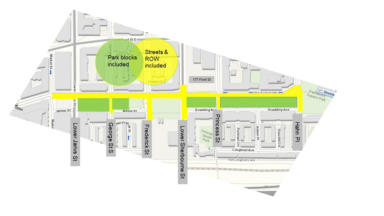 An aerial map of the surrounding park site showing the park blocks for improvements in Phase 2 in green and the streets and ROW included in yellow. The park blocks are all south of The Esplenade. From left to right, the park blocks include Lower Jarvis Street to George Street, a small space between George Street and Frederick Street, Lower Sherbourne Street to Princess Street, and Princess Street to Hahn Pleasant. 