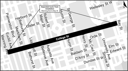 Map of College Street from Manning Avenue to Bay Street. Contact us at CollegeUpgrades@toronto.ca or call 416-392-3556 if you require more assistance.