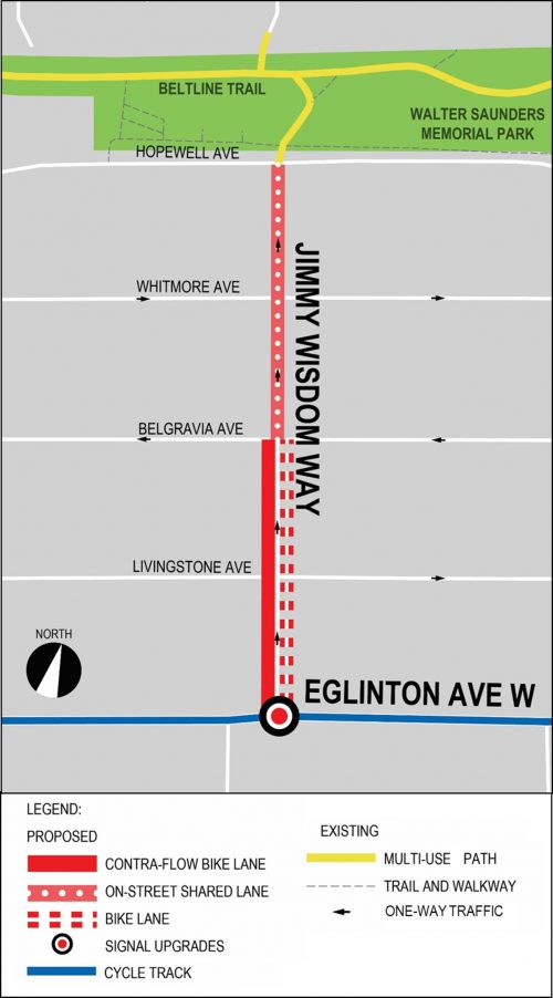 Map showing cycling of travel two-way along Jimmy Wisdom Way between Eglinton Avenue and Hopewell Avenue, so they can easily connect between Eglinton Avenue with connection to the York Beltline Trail.