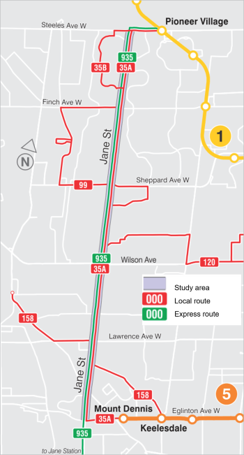 Map showing the study area and future local and express routes and connections.