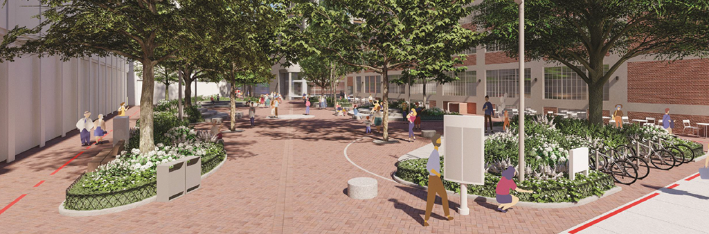 A rendering of the proposed design for the new park on Richmond Street. The view is into the park from Richmond, towards the west entrance to the park. At the entrance to the park there is a set of garbage and recycling bins on the left and a community notice board on the right. Near the entrance is a small circular seating features. There is bike parking along the sidewalk on the right side of the image. The centre of the park is open space for gathering. Along the outside of the park are semi and half circle planting beds with trees and plantings on the inside of each planting bed is tiered stone seating, facing into the park. There are walking pathways along all side of the park, between the park and neighbouring buildings. There are light posts with multiple light bulbs attached to the side of the posts near the top, pointing down.