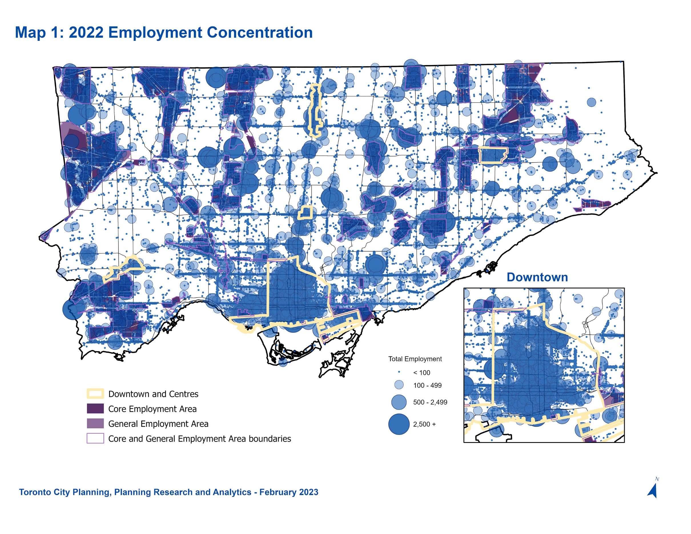 This map shows locations of all establishments in the city, with graduated symbols for establishments (1) having less than 100 employees, (2) having between 100 and 499 employees (3) having between 500 and 2,499 employees and (4) having over 2,500 employees.
