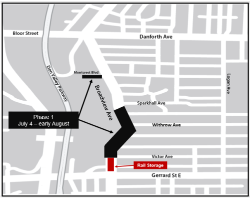 Map of Phase 1 of construction work displaying location of where work will take place along with location of rail storage. Please contact Nathalie Forde for more information at 416-392-3556 or email BroadviewConstruction@toronto.ca
