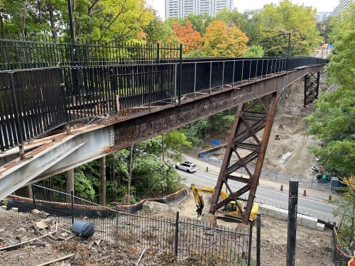 The Glen Road Pedestrian Bridge overlooking Rosedale Valley Road before it was demolished in March 2023.