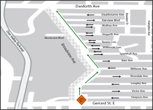 Map of Phase 4 of construction work displaying the location where the work will be taking place. Please contact Nathalie Forde if more information is required or email BroadviewConstruction@toronto.ca