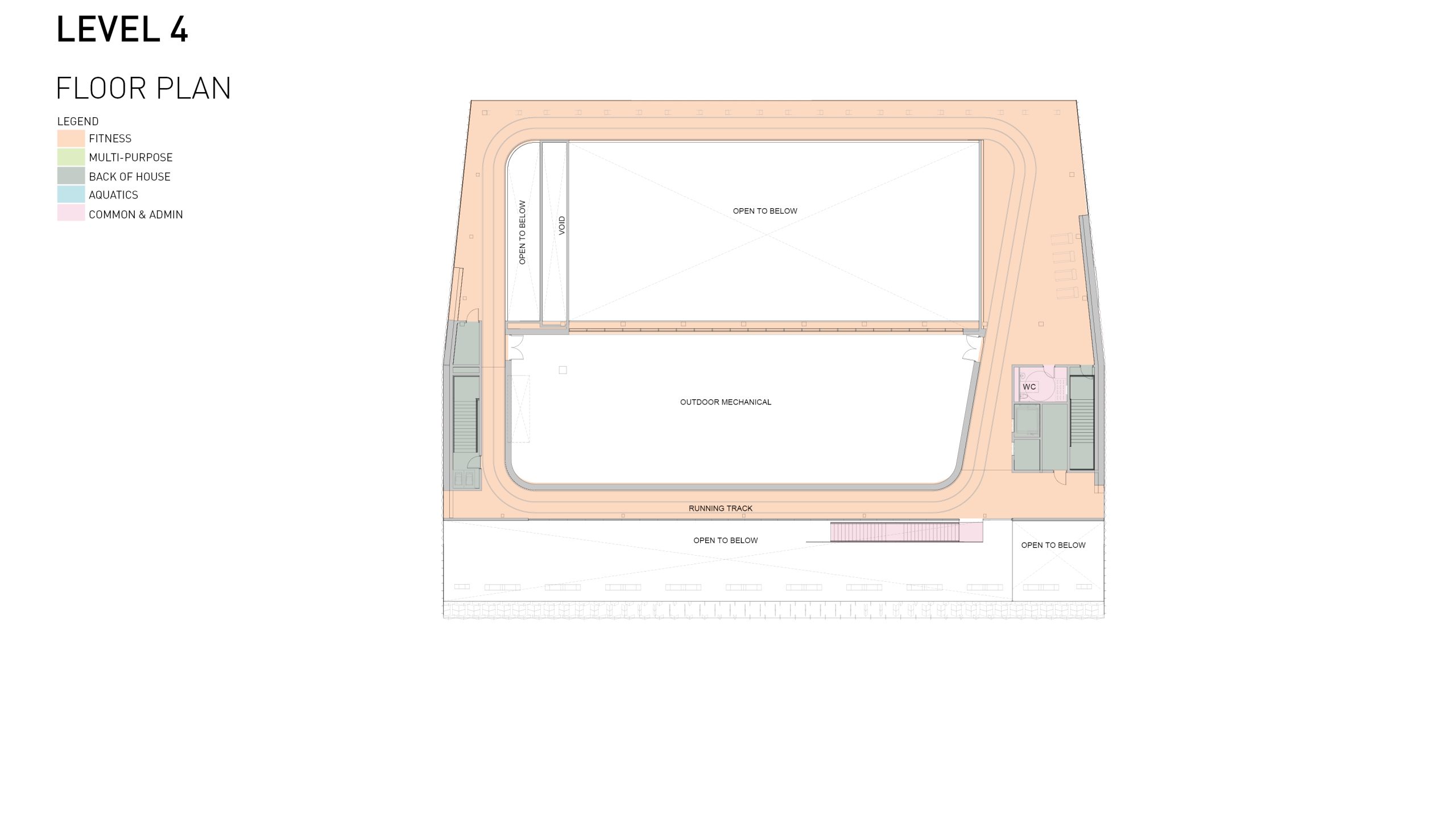 The floor plan for level 4 depicts a running track along the perimeter of the building and indicates that the space inside the running track is open to the floor below.