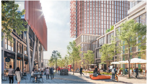 An artist's concept rendering of the proposed development, looking South between building F1 (right) and F2 (left), The picture contains trees, buildings, outdoor garden and street. 