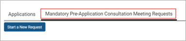 Screenshot of the tab in AST to open the dashboard for Mandatory Pre-Application Consultation Meeting Requests.